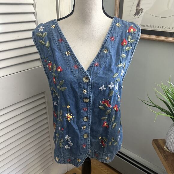 Vintage ORVIS Vest Womens XL Blue Chambray Embroidered Boho Granny Chic Retro - Picture 1 of 9